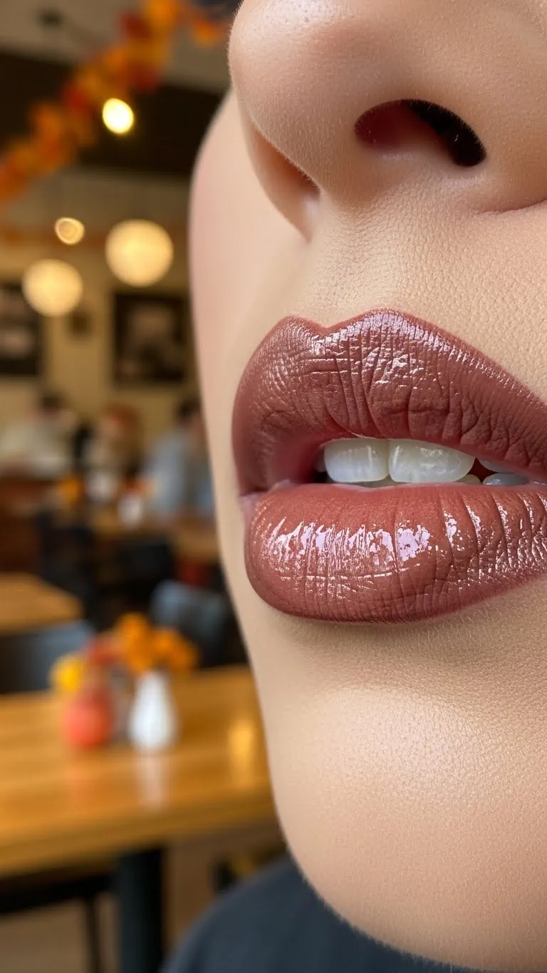 Close-up of glossy lips and smooth skin with a blurred cafe background.