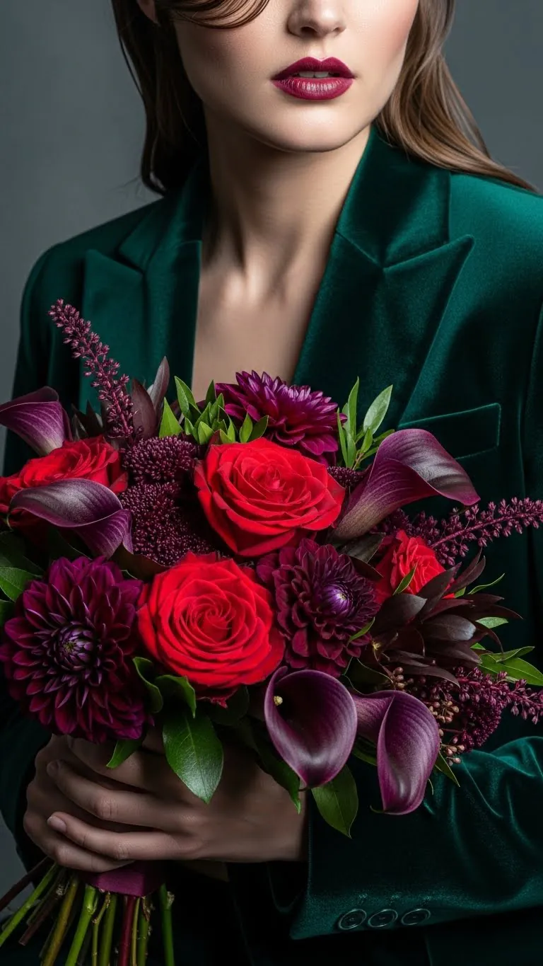 Stunning woman holding vibrant floral bouquet featuring roses, dahlias, calla lilies, and lush greenery with a sophisticated look.