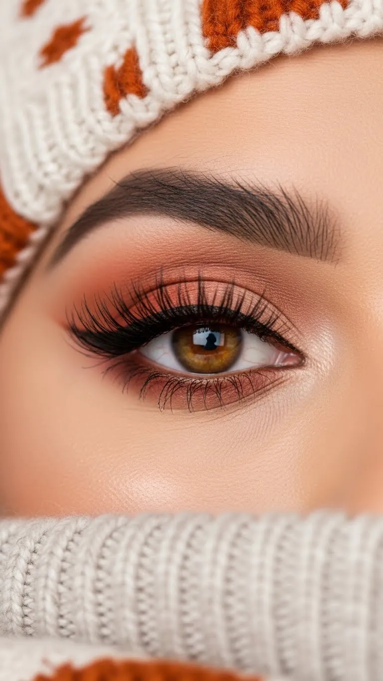 Close-up of an eye with natural makeup, emphasizing long eyelashes and perfectly shaped eyebrow.