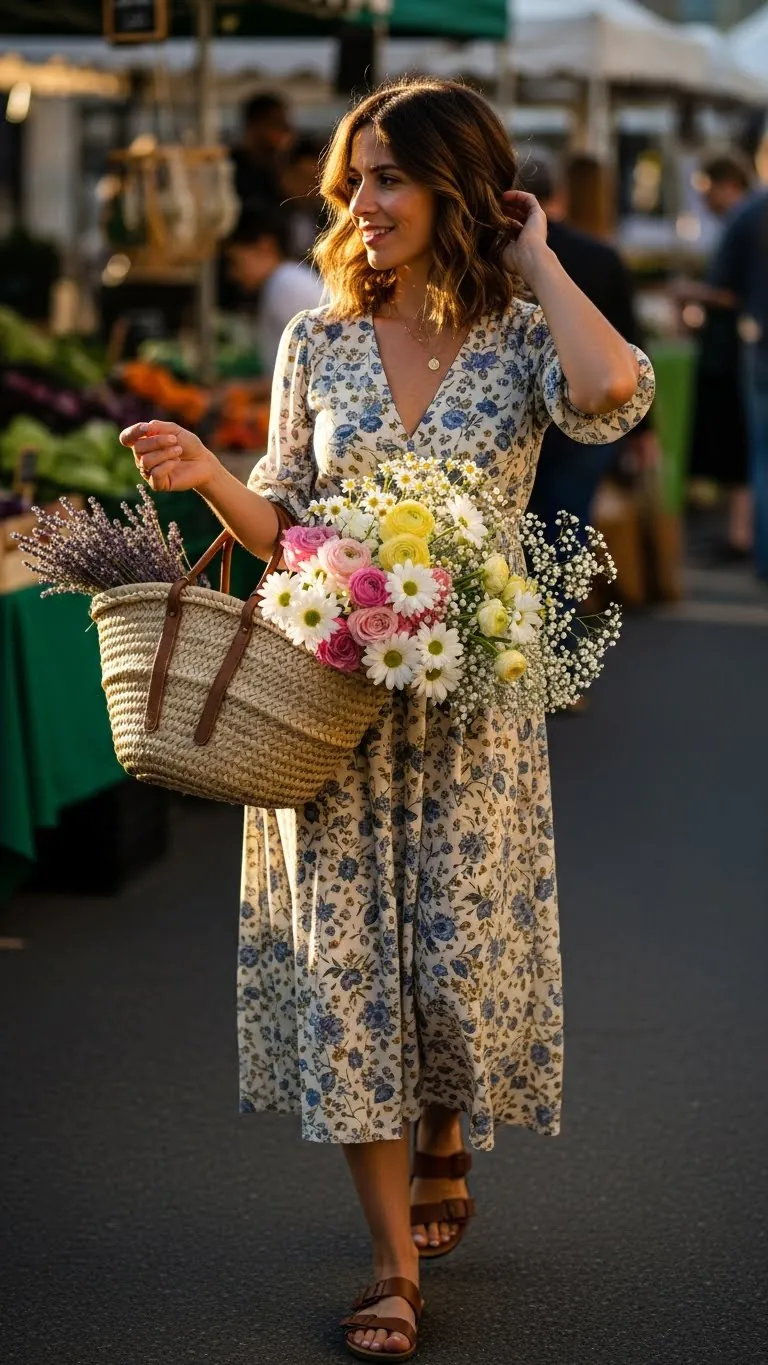 Bright woman carrying a floral bouquet and wicker basket at outdoor market scene.